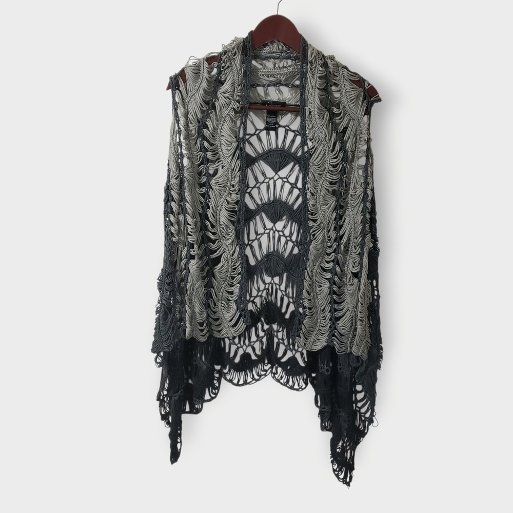 Cecico Crochet Fringe Vest Cardigan Shawl Gray Boho Festival‎ Womens Size S